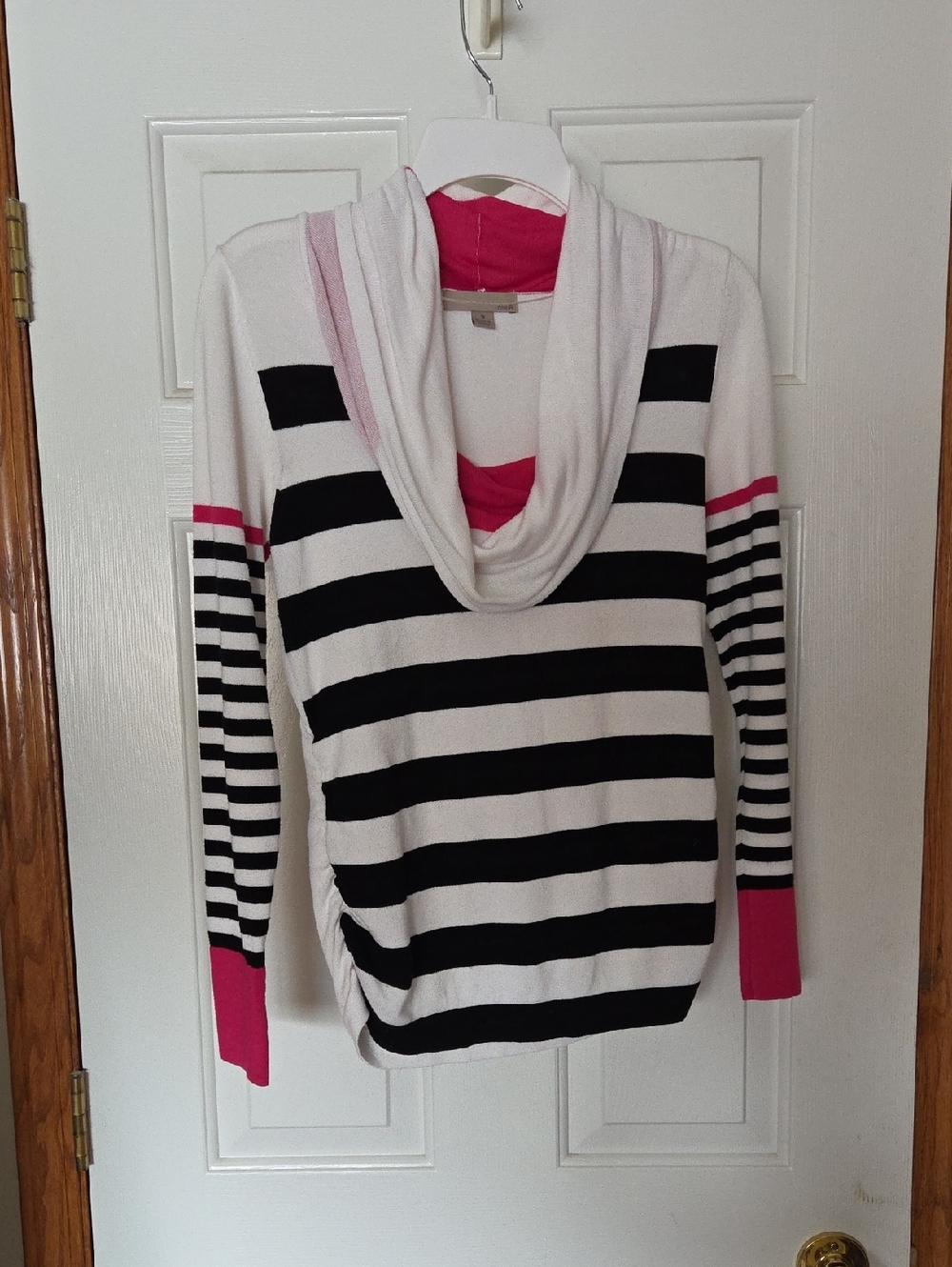 Striped Cowl Neck Sweater with Pink Accents